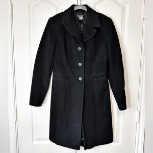 Bebe Black Long Trench Coat 3 buttons 90% Wool 10% Cashmere Size EP